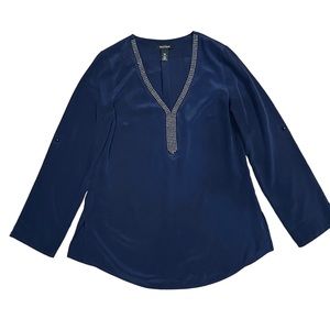 White House Black Market Silk Dark Blue Blouse. Size 10
